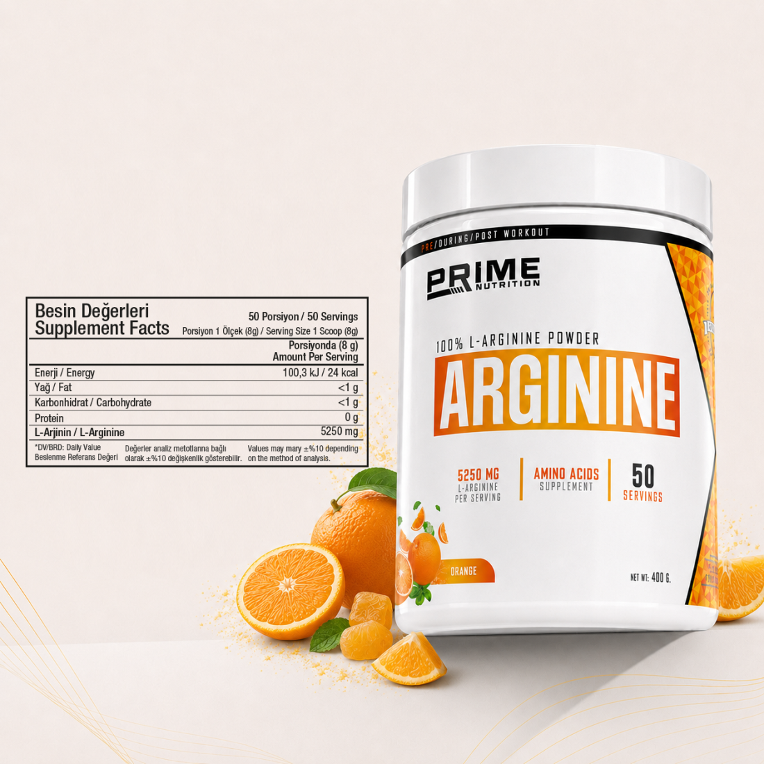 Prime Nutrition L-Arginine 400 gram Portakal